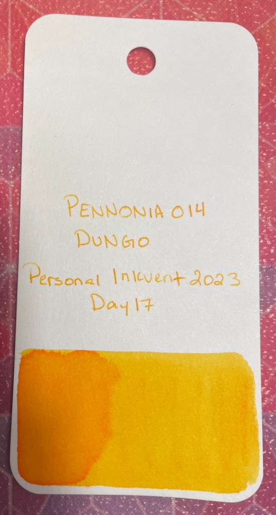 Pennonia 014 Dungo
A buttery yellow with orange undertones. Quite legible for a yellow ink