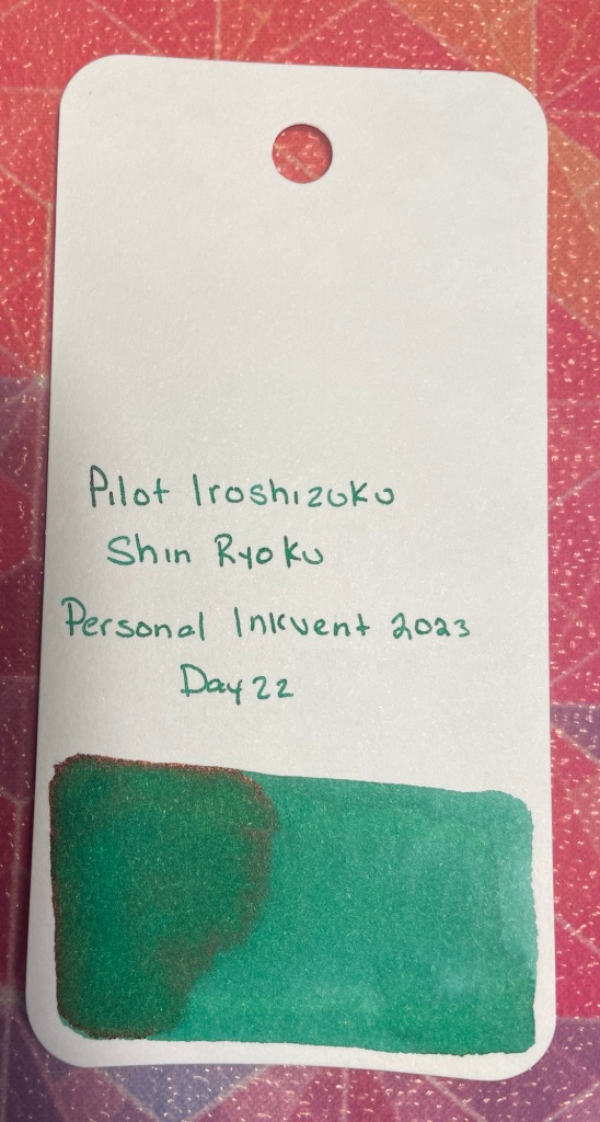 Pilot Iroshizuku Shin Ryoku
A green ink with slight red sheen in heavy applications