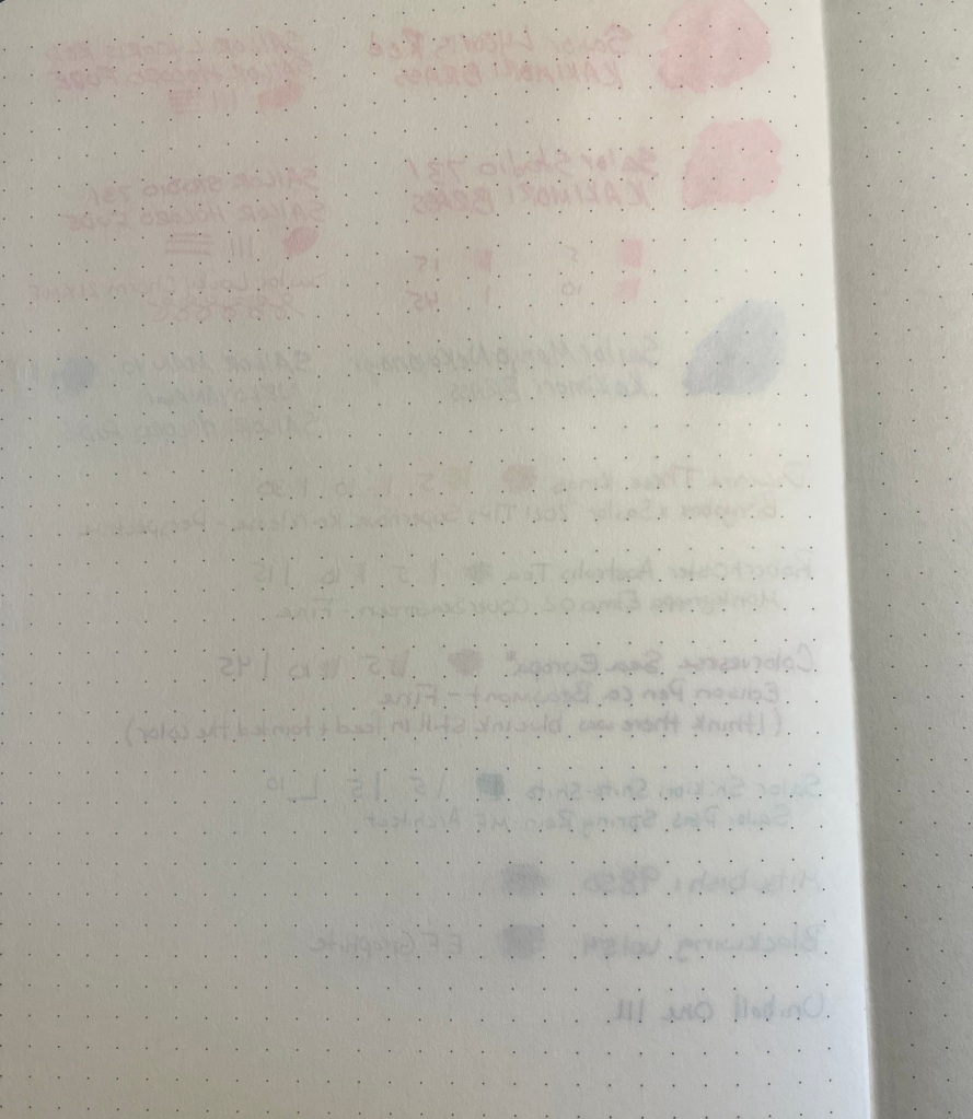 The back side of the page I used for swatching. Lighter inks are harder to see, but even the pencil at the bottom ghosts.