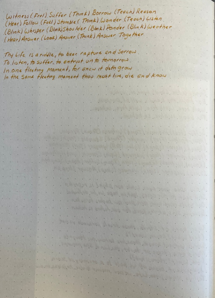 I wrote the lyrics for FFXIV "Answers" as the first page, ghosting is harder to see against the grey of the end papers.